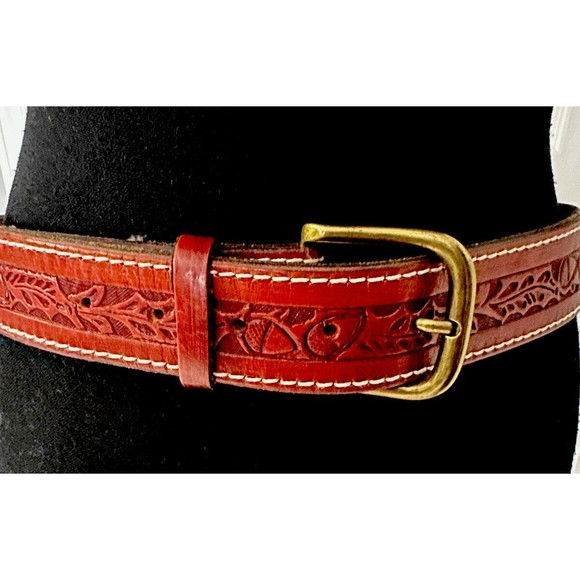 El Rodeo Rust Red Embossed Stitched Leather Belt Western 1.5” Wide 34 -36” Waist - Picture 2 of 6